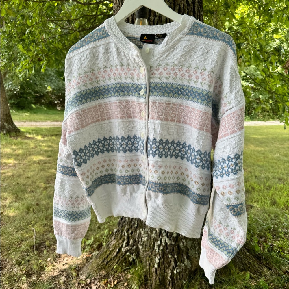 Vintage Liz Sport Cottagecore 100% Cotton White & Pastel Floral Cardigan Sweater